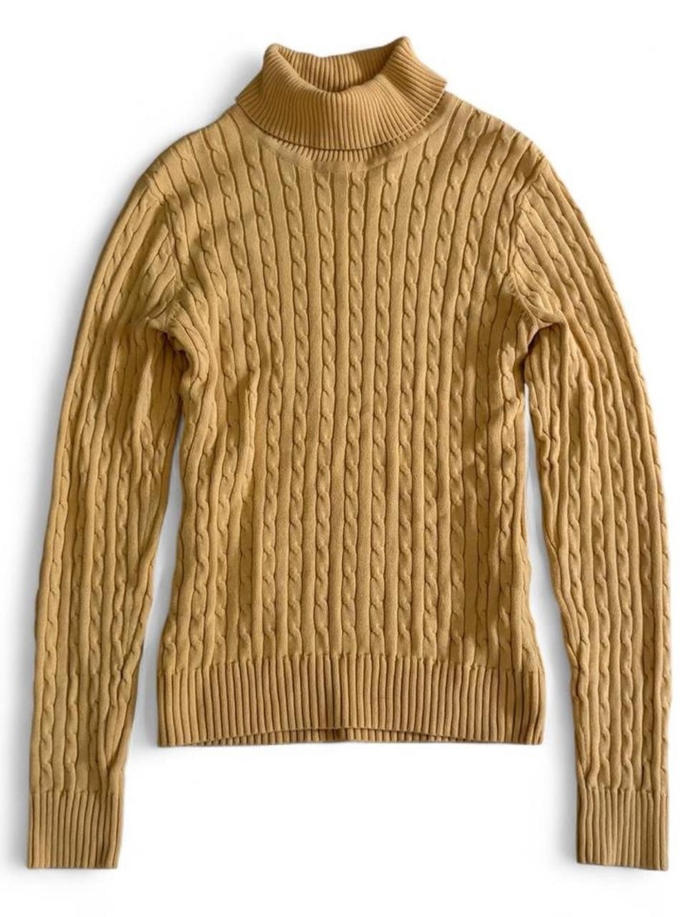 Jeanne Pierre Butter yellow cable knit turtleneck sweater